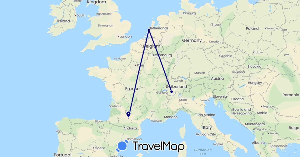 TravelMap itinerary: driving in Switzerland, France, Netherlands (Europe)